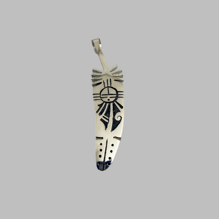 Hopi Sunface and Feather Silver Overlay Pendant, by Willis Humeyestewa