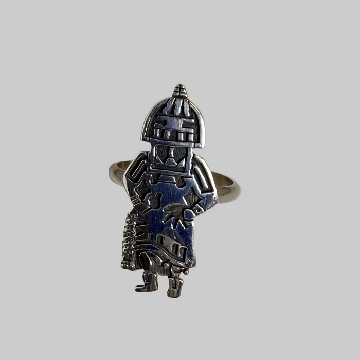 Hopi Kachina Dancer Silver Overlay Ring, by  Marcus Lomayestewa