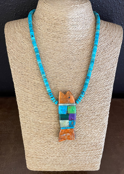 Bright Fish Mosaic Inlay Necklace, by Mary L. Tafoya