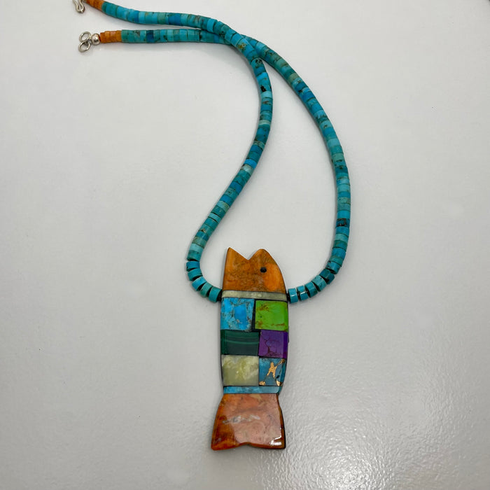 Bright Fish Mosaic Inlay Necklace, by Mary L. Tafoya