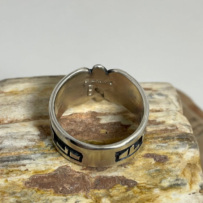 Tawa Sunface Silver Overlay Ring, by Belvin Yuyaheova, Hopi