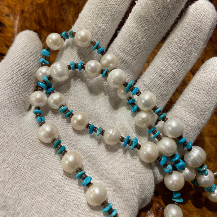 Cultured Fresh Water Pearls and Sleeping Beauty Turquoise Chips Necklace, by Marie Lee