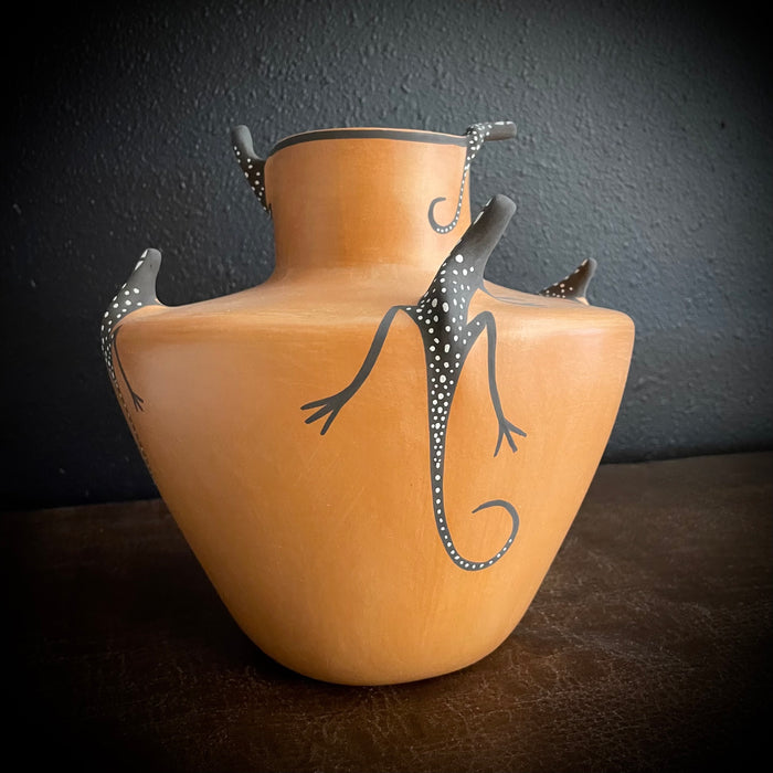 Good Luck Lizards on Redware Zuni Pot, by Agnes Peynetsa