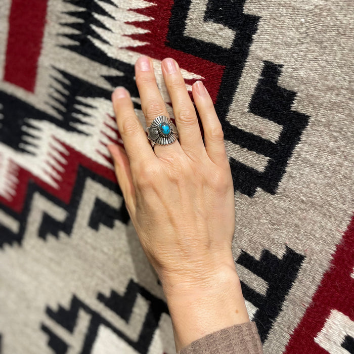 Heavy Gauge Stamped Silver and Bisbee Gem Turquoise Ring, by Ivan Howard