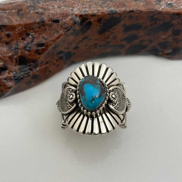 Heavy Gauge Stamped Silver and Bisbee Gem Turquoise Ring, by Ivan Howard