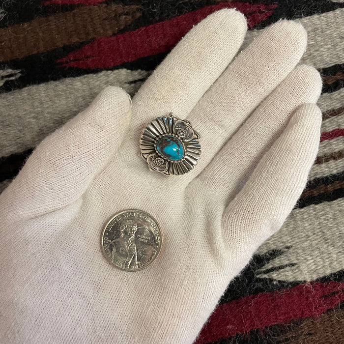 Heavy Gauge Stamped Silver and Bisbee Gem Turquoise Ring, by Ivan Howard