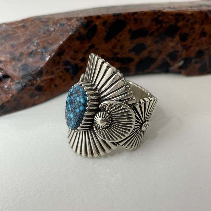 Heavy Gauge Stamped Silver and Kingman Webbed Gem Turquoise Ring, by Ivan Howard