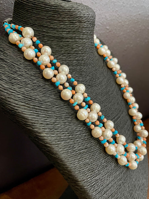 Three Strands of Pearls, Turquoise and Coral Necklace