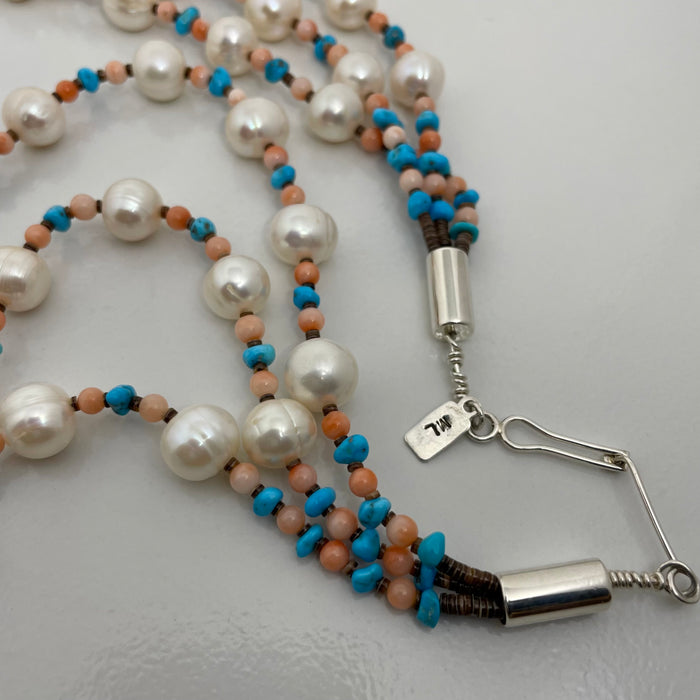 Three Strands of Pearls, Turquoise and Coral Necklace