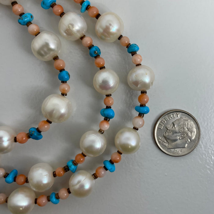 Three Strands of Pearls, Turquoise and Coral Necklace