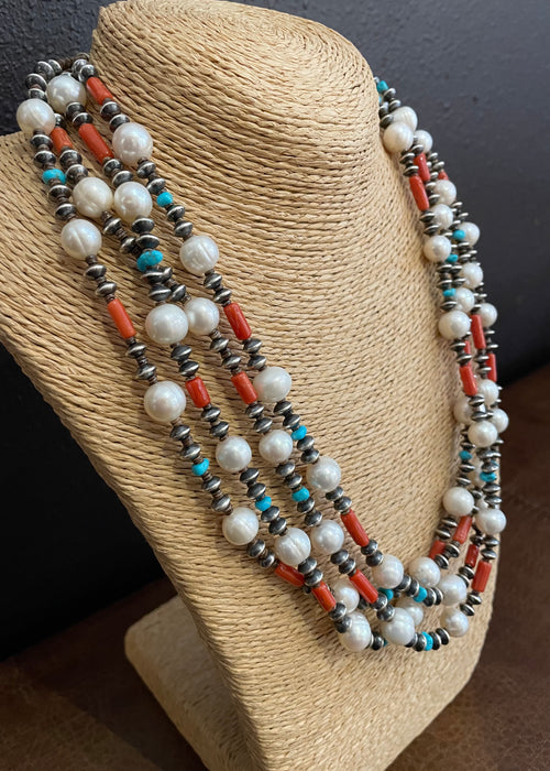 Pearls, Coral, Sleeping Beauty Turquoise and Silver Spacer Beads Necklace, by Marie Lee
