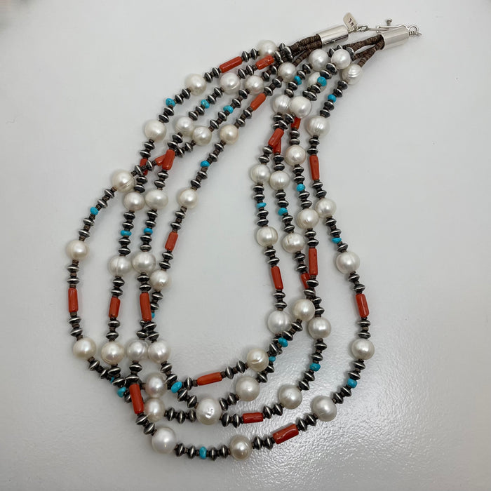 Pearls, Coral, Sleeping Beauty Turquoise and Silver Spacer Beads Necklace, by Marie Lee