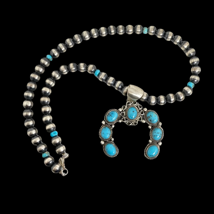 Navajo Naja Pendant with Contemporary Brushed Satin Navajo Pearls, by Geraldine James and Marilyn Platero