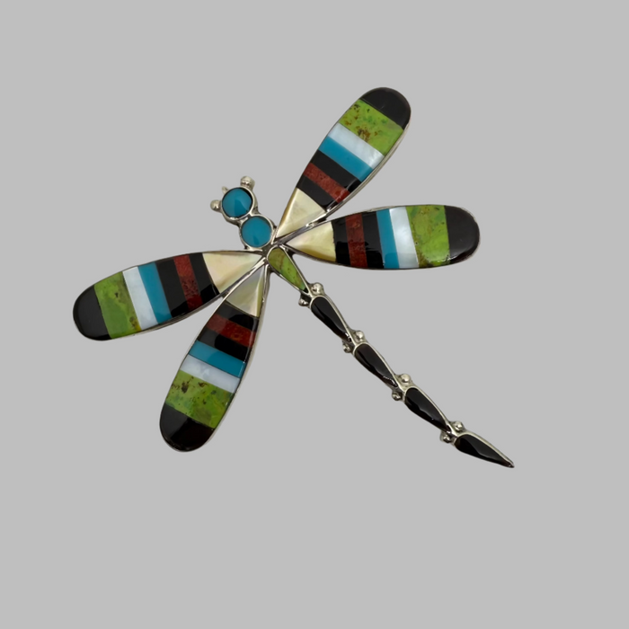 Turquoise and Shells Inlay Dragonfly Pendant or Brooch, by Angus Ahiyite