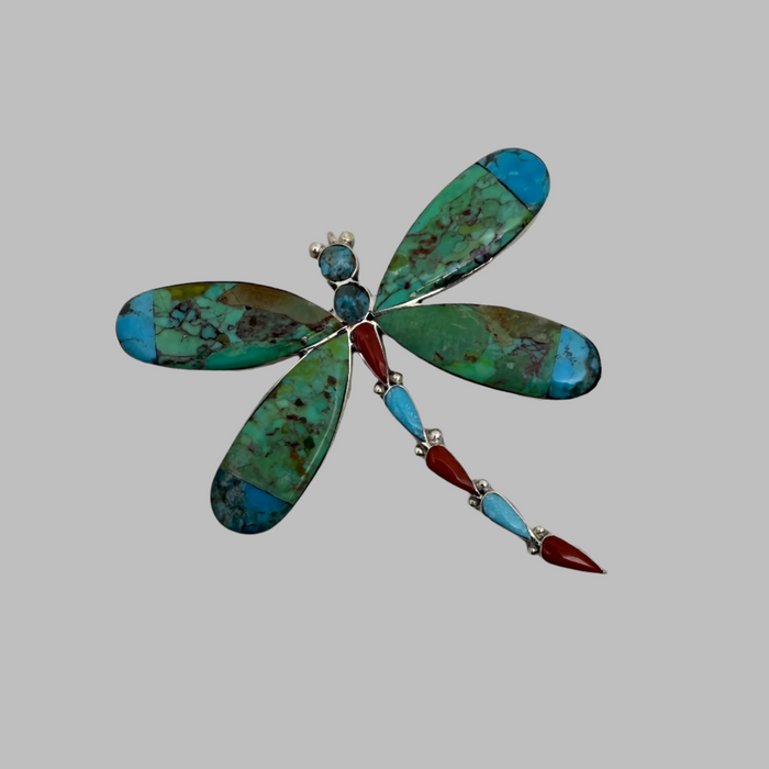 Turquoise and Coral Inlay Dragonfly Pendant or Brooch, by Angus Ahiyite