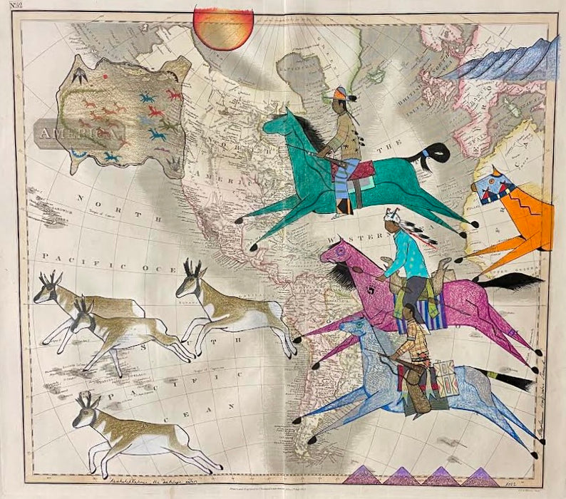 Antique Map art at Raven Makes Gallery Homelands Collection, Indigenous narrative ledger art on maps