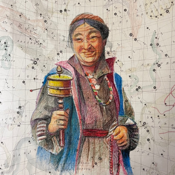 Tibetan Woman with Prayer Wheel, 1844 Map, by Chandra Tamrakar, Nepal