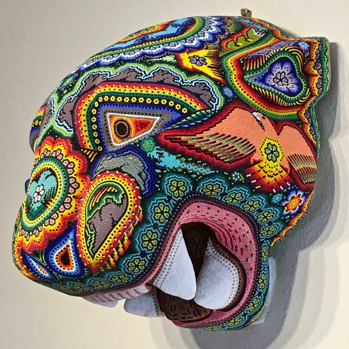 Jaguar Beaded Mask, Huichol Art, by Florencio Lopez