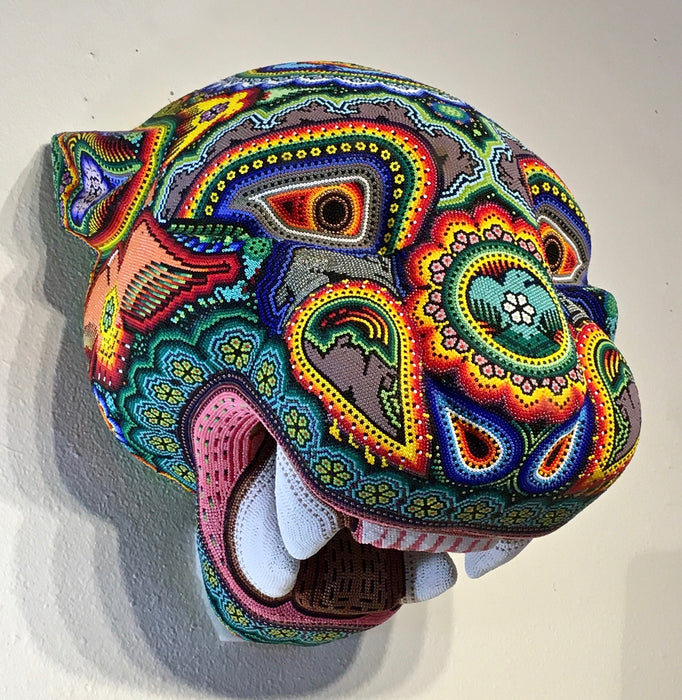 Jaguar Beaded Mask, Huichol Art, by Florencio Lopez