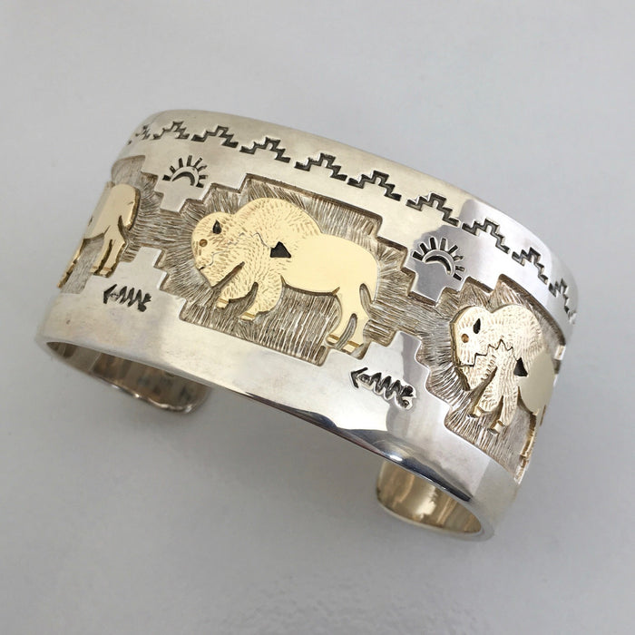 Golden Bison Cuff, by Fortune Huntinghorse, at Raven Makes Gallery
