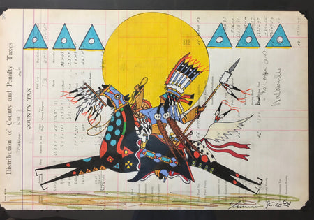 Ledger Art, by Terrance Guardipee, at Raven Makes Native American Fine Art Gallery in Oregon