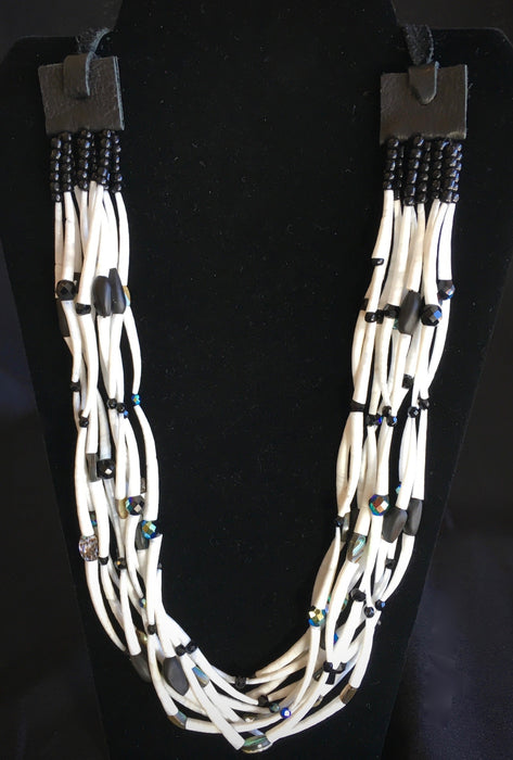 Dentalium, Black Beads and Abalone Long Choker Necklace, by Leah Mata