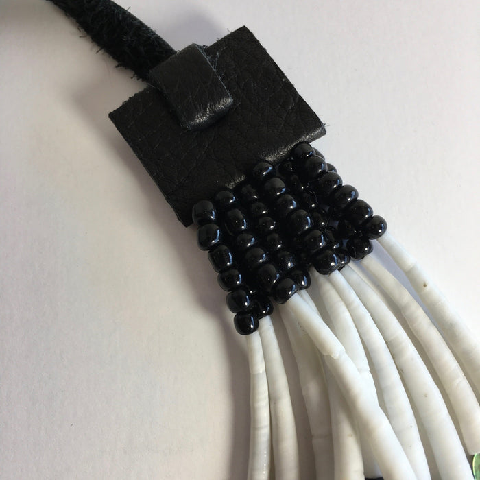 Dentalium, Black Beads and Abalone Long Choker Necklace, by Leah Mata