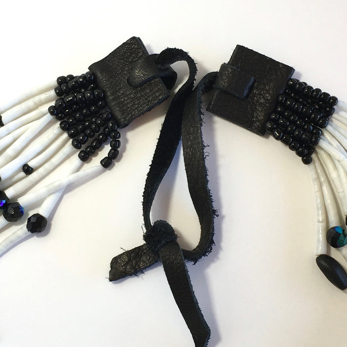 Dentalium, Black Beads and Abalone Long Choker Necklace, by Leah Mata
