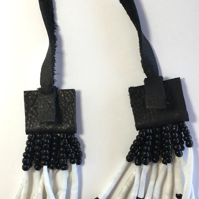 Dentalium, Black Beads and Abalone Long Choker Necklace, by Leah Mata