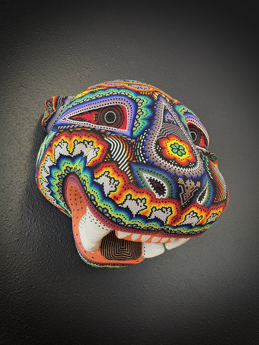 Huichol Jaguar Head Beaded  Mask Carving, by Florencio Lopez