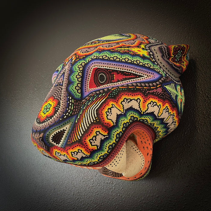 Huichol Jaguar Head Beaded  Mask Carving, by Florencio Lopez