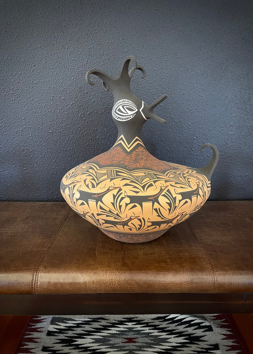 Large Zuni Duck Black on Redware Pot, by Anderson Peynetsa