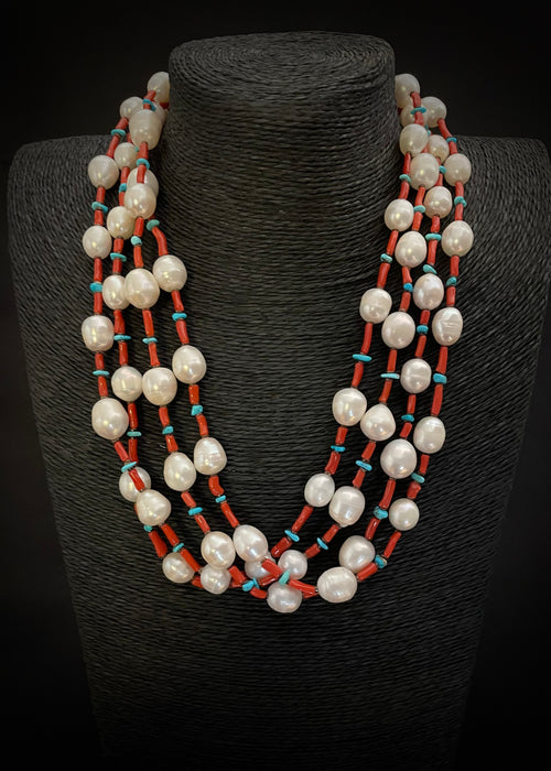 Cultured Fresh Water Pearls, Natural Coral and Sleeping Beauty Turquoise Chips Necklace