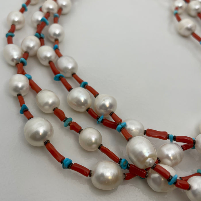 Cultured Fresh Water Pearls, Natural Coral and Sleeping Beauty Turquoise Chips Necklace
