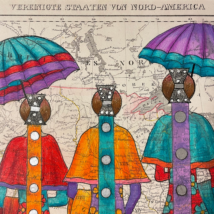 Sisters in Their Caddo Finery, 1850 United States Map, by Dolores Purdy, Caddo Nation WInnebago