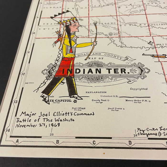 Major Joel Elliott's Command Battle of the Washita, 1882 Indian Territory Map, George Curtis Levi