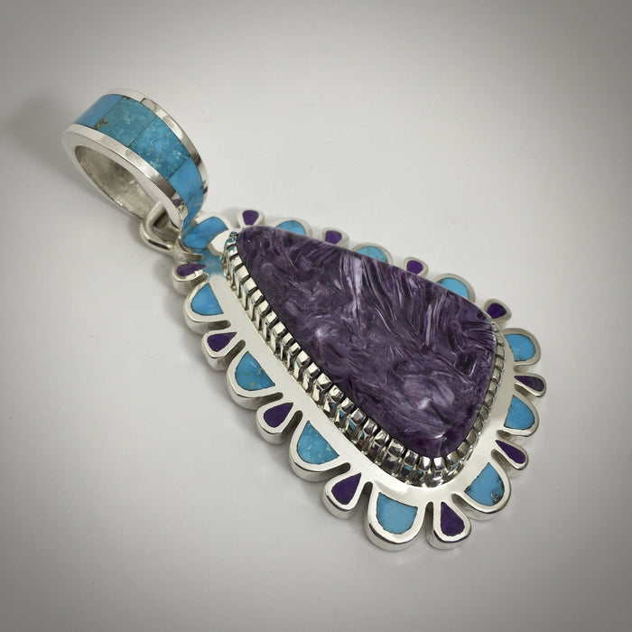 Charoite, Sugilite, Turquoise and Sterling Silver Pendant, by Vernon Haskie