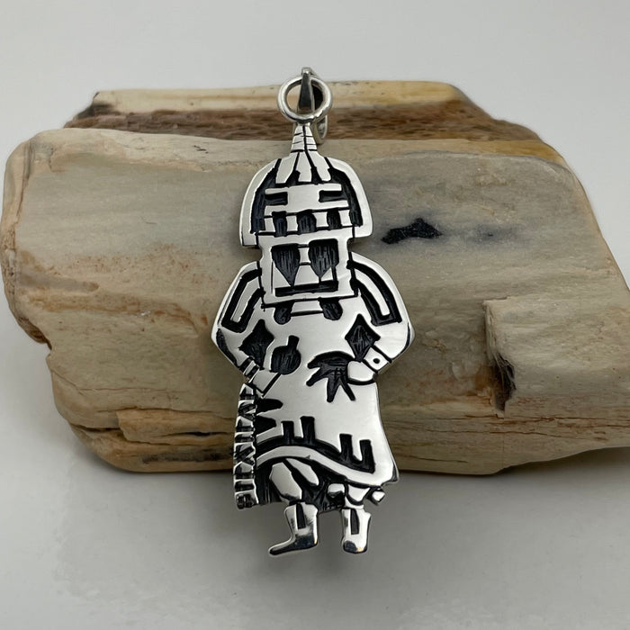 Hopi Kachina Dancer Silver Overlay Pendant, by  Marcus Lomayestewa
