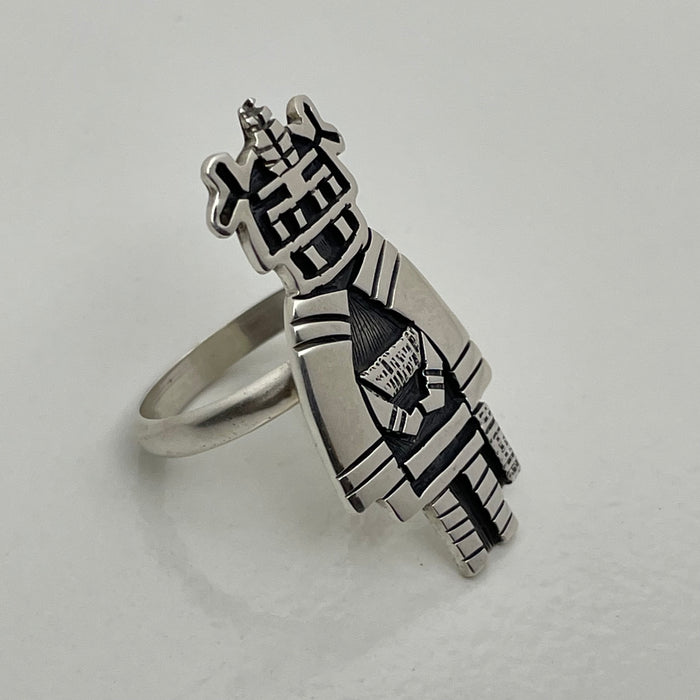 Hopi Kachina Dancer Silver Overlay Ring, by  Marcus Lomayestewa