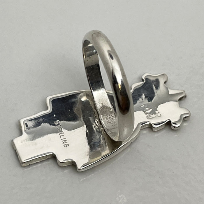 Hopi Kachina Dancer Silver Overlay Ring, by  Marcus Lomayestewa