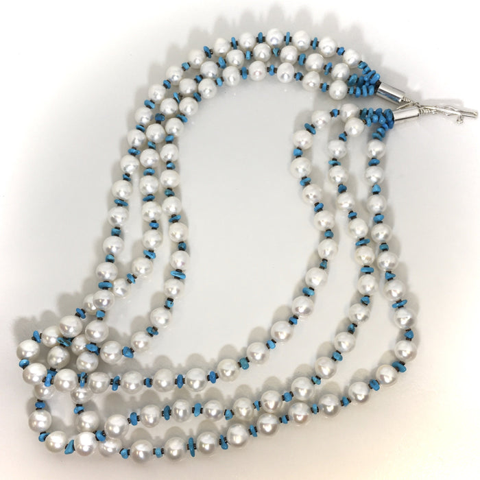 Pearls and Turquoise Necklace, Navajo Jeweler, Marie Lee at Raven Makes Native American Gallery