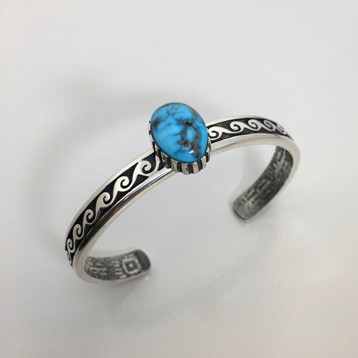 Hopi Silver Bracelet, with Apache Blue Turquoise, Mimbres Inspired Design, by Gerald Lomaventema