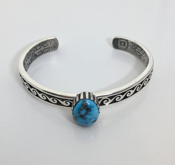 Hopi Silver Bracelet, with Apache Blue Turquoise, Mimbres Inspired Design, by Gerald Lomaventema