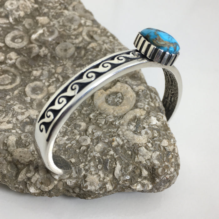 Hopi Silver Bracelet, with Apache Blue Turquoise, Mimbres Inspired Design, by Gerald Lomaventema