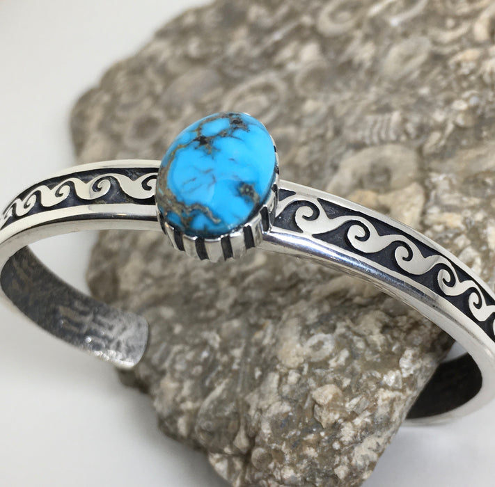 Hopi Silver Bracelet, with Apache Blue Turquoise, Mimbres Inspired Design, by Gerald Lomaventema