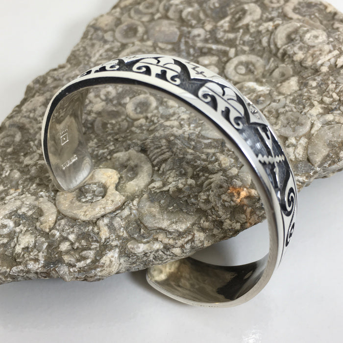 Hopi Silver Bracelet, Mimbres Inspired Designs, by Gerald Lomaventema