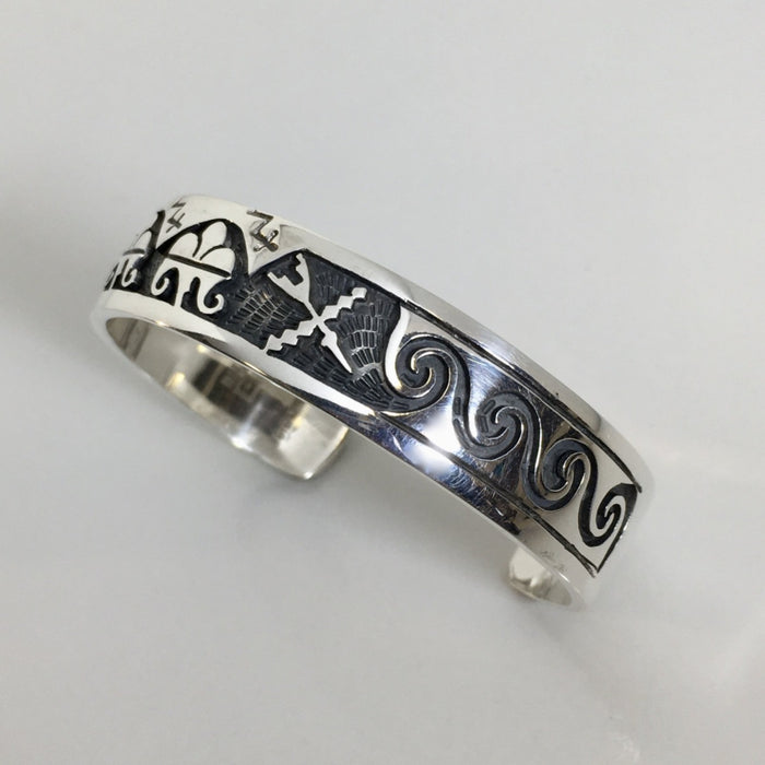 Hopi Silver Bracelet, Mimbres Inspired Designs, by Gerald Lomaventema