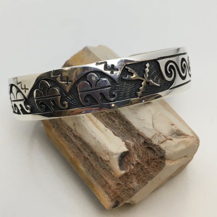 Hopi Silver Bracelet, Mimbres Inspired Designs, by Gerald Lomaventema