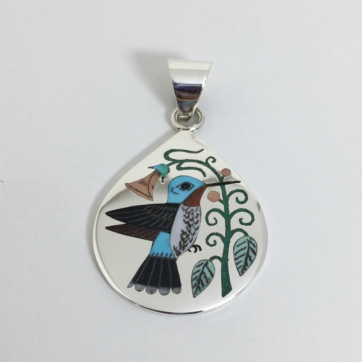 Hummingbird Zuni Inlay Pendant at Raven Makes Gallery