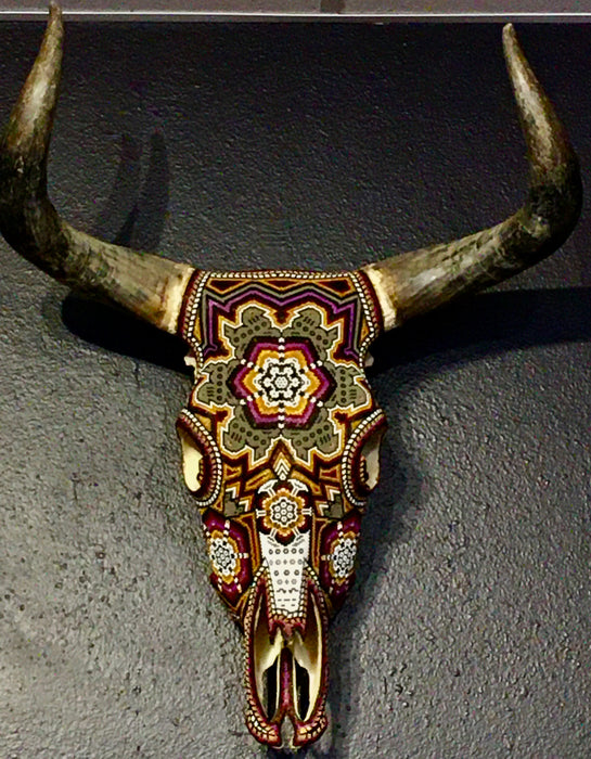 Huichol Beaded Bull Skull, by Santos Bautista, Wixárika